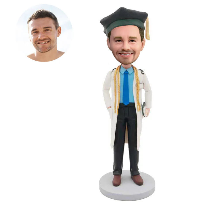 custom male medical doctor graduation bobblehead in white coat