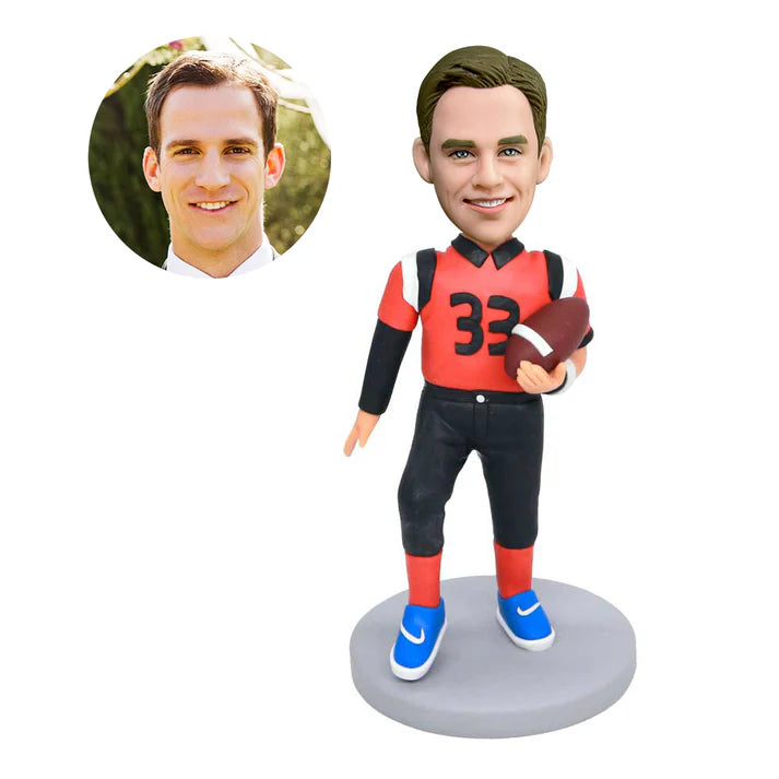 custom male football player bobbleheads in professional sportswear holding rugby