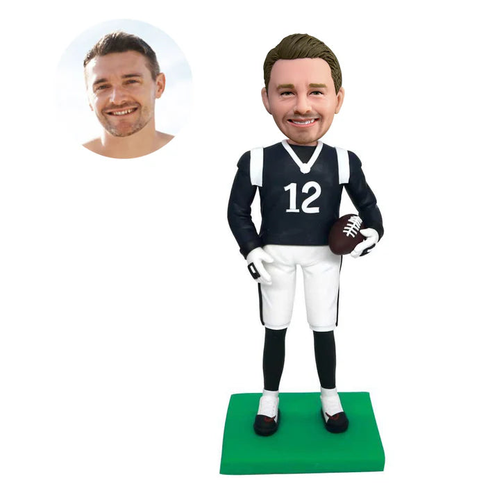 custom male football player bobbleheads holding rugby