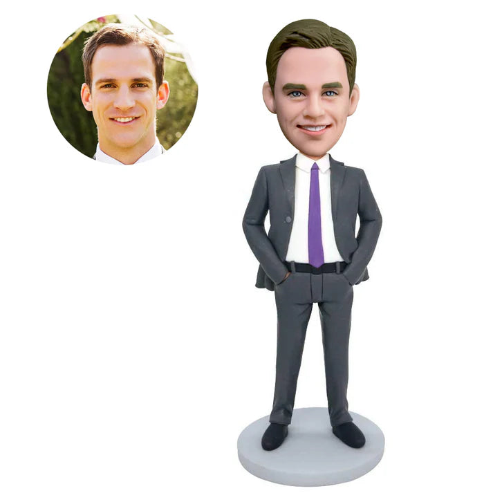 custom handsome male boss bobbleheads in grey suit