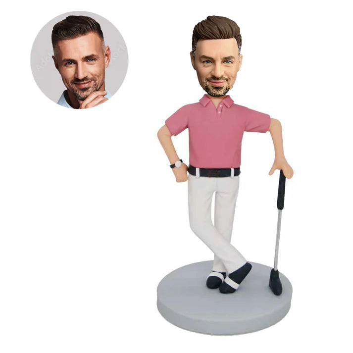 custom handsome male golfer bobbleheads in pink tshirt