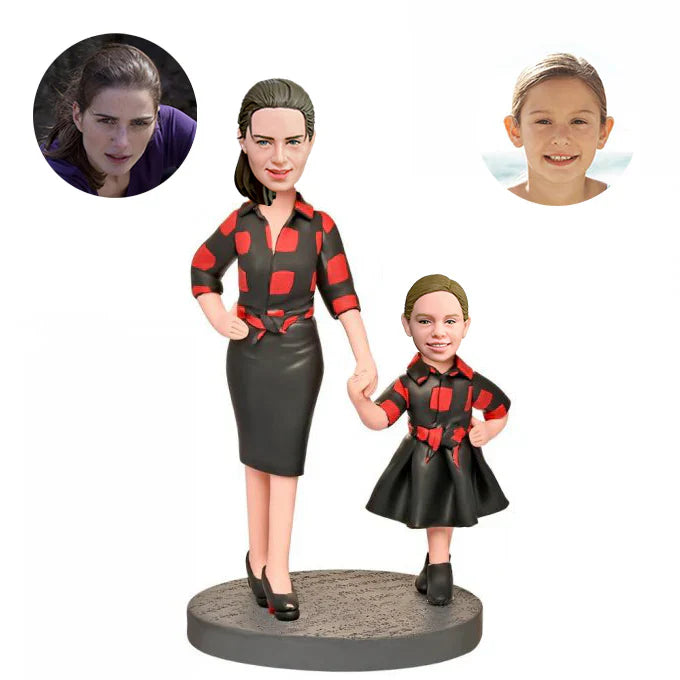 Mother And Daughter In Plaid Custom Bobblehead With Engraved Text