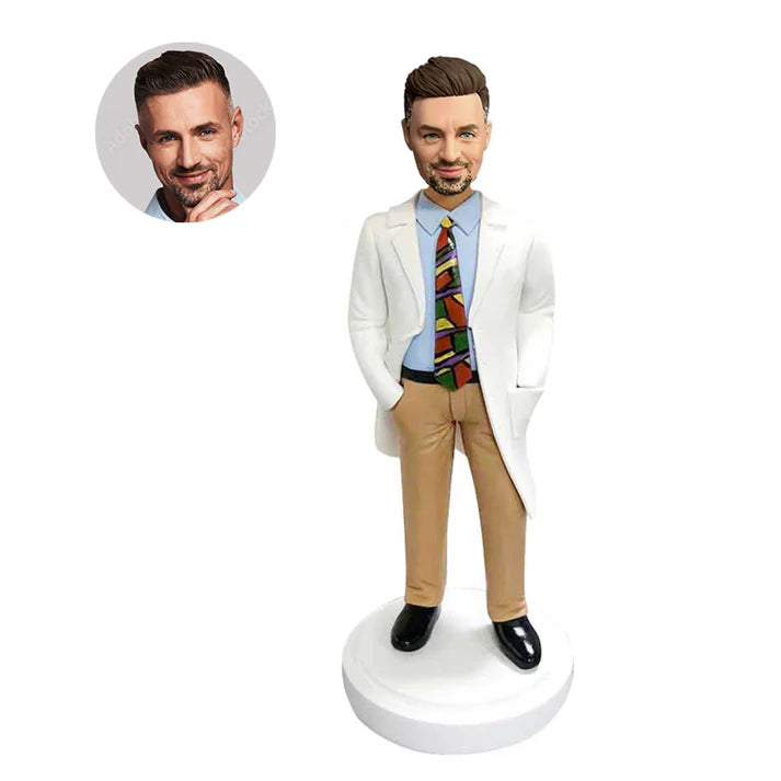 custom handsome male doctor bobbleheads in white coat and hands in pockets