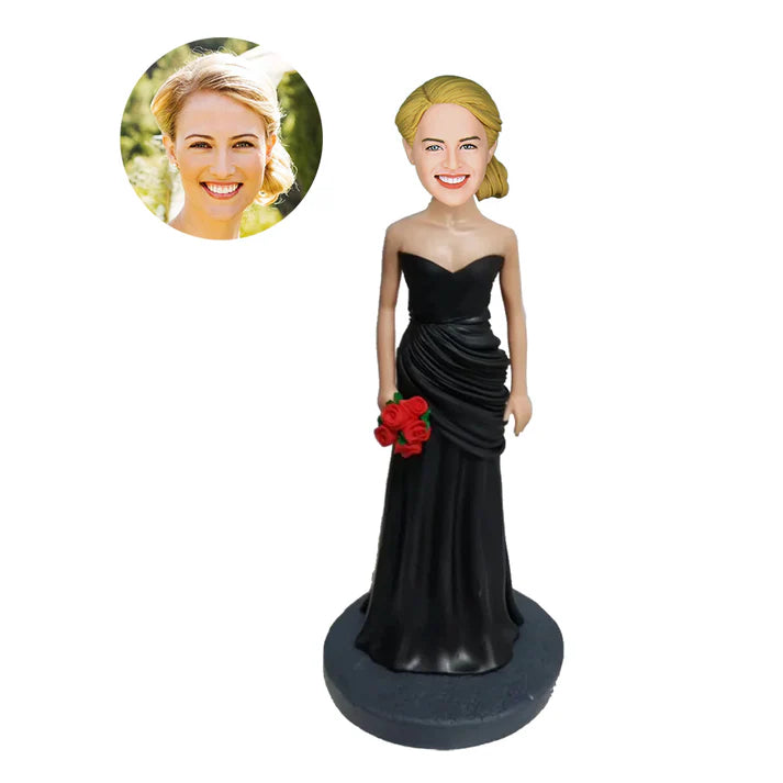 Custom Bobblehead A Holding Flowers Lady Wearing A Black Long Dress