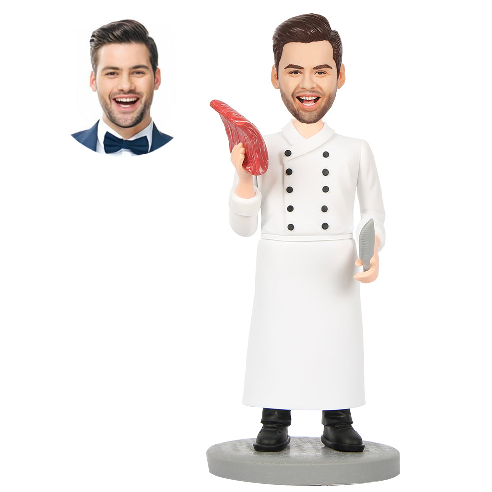 Male Cook In Chef Uniform Holding Knife and Beef Custom Bobbleheads