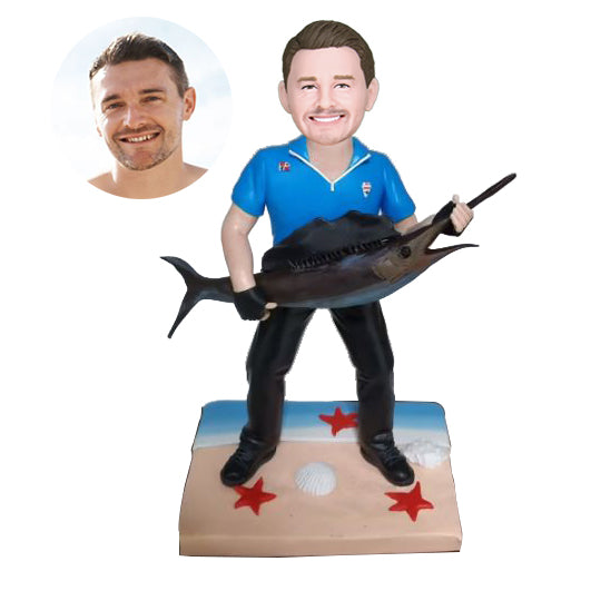 Male Fisherman Holding A Big Fish Custom Bobbleheads